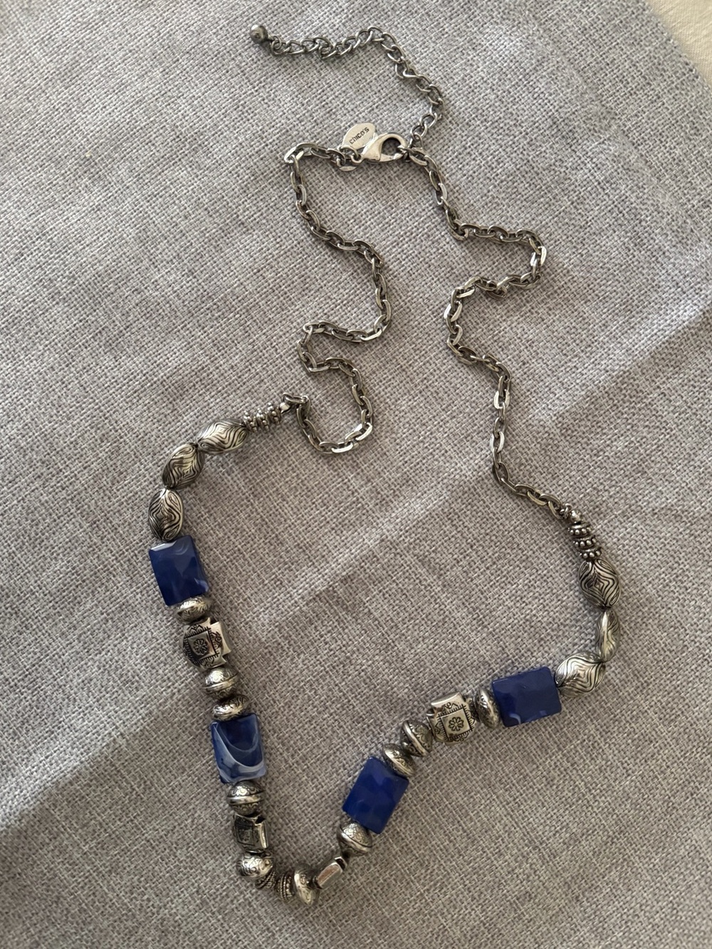 Chico’s Silver Tone & Blue Agate Look Beaded Statement Necklace | Boho